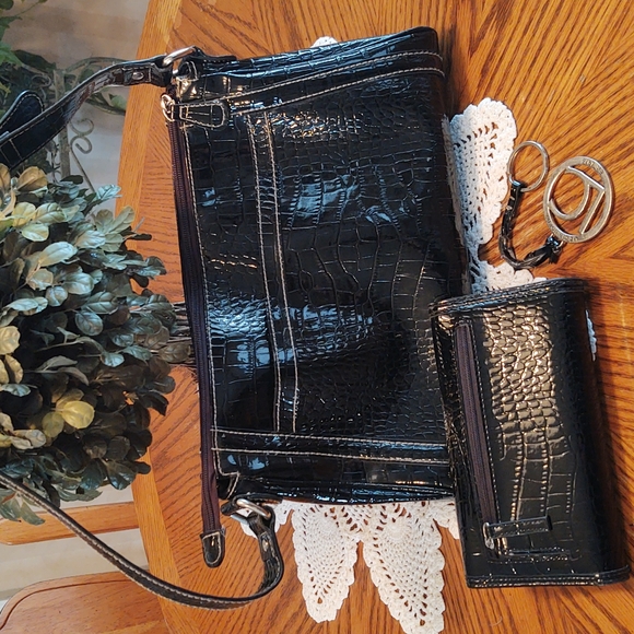 Liz Claiborne Vegan Patent Leather Purse, Wallet, Keychain Set Black - Picture 2 of 16